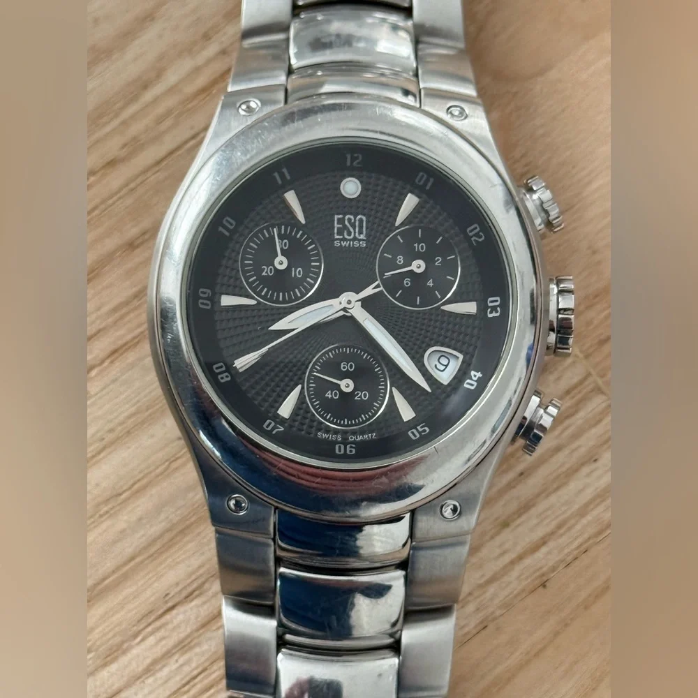 ESQ by Movado Chronograph Watch Black Dial Stainless Steel Case Bracelet Date